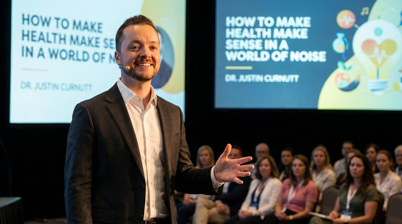 Dr. Justin Curnutt speaking on stage at a health conference