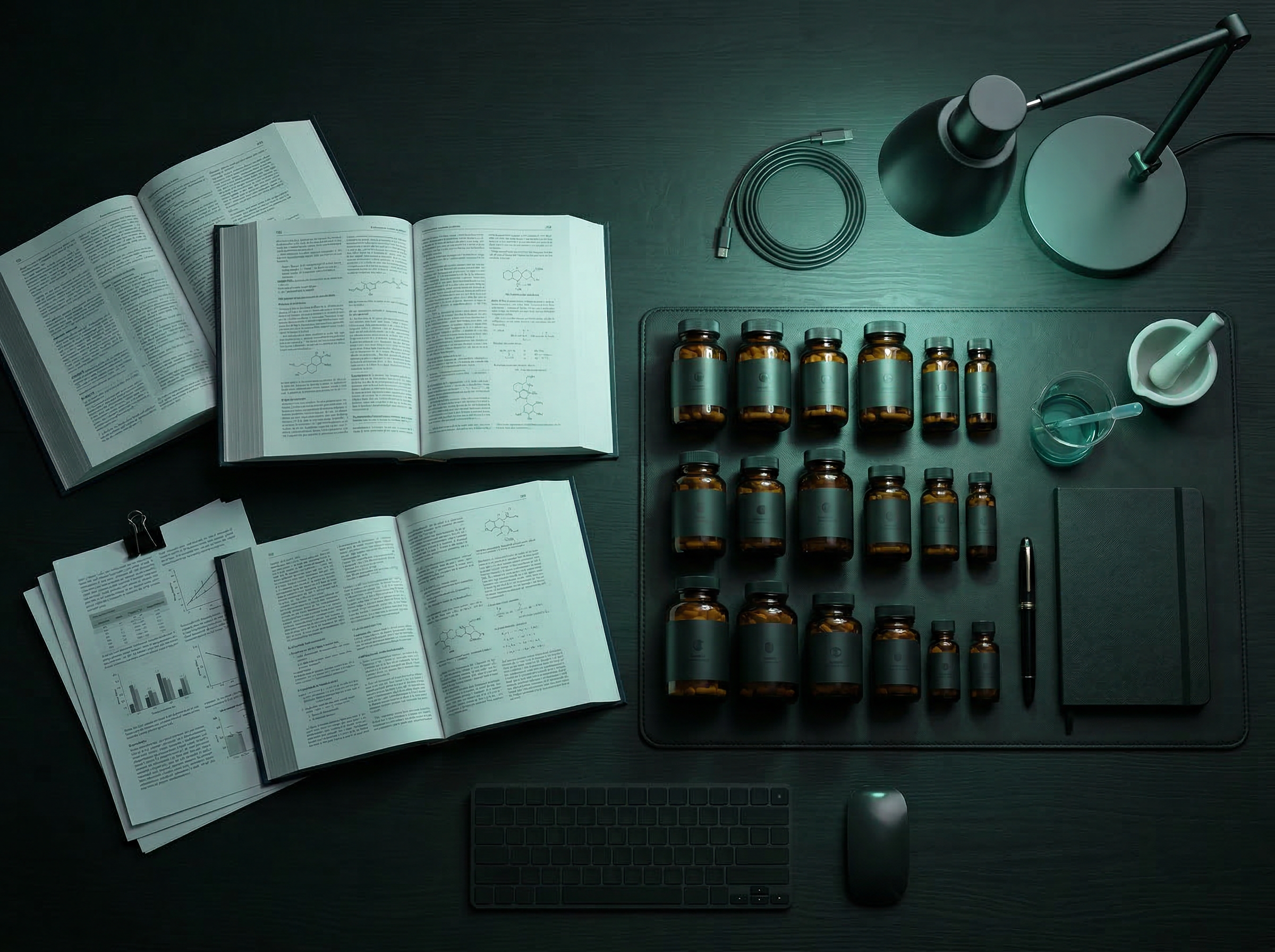 Pharmacist workspace with research documents and supplement bottles