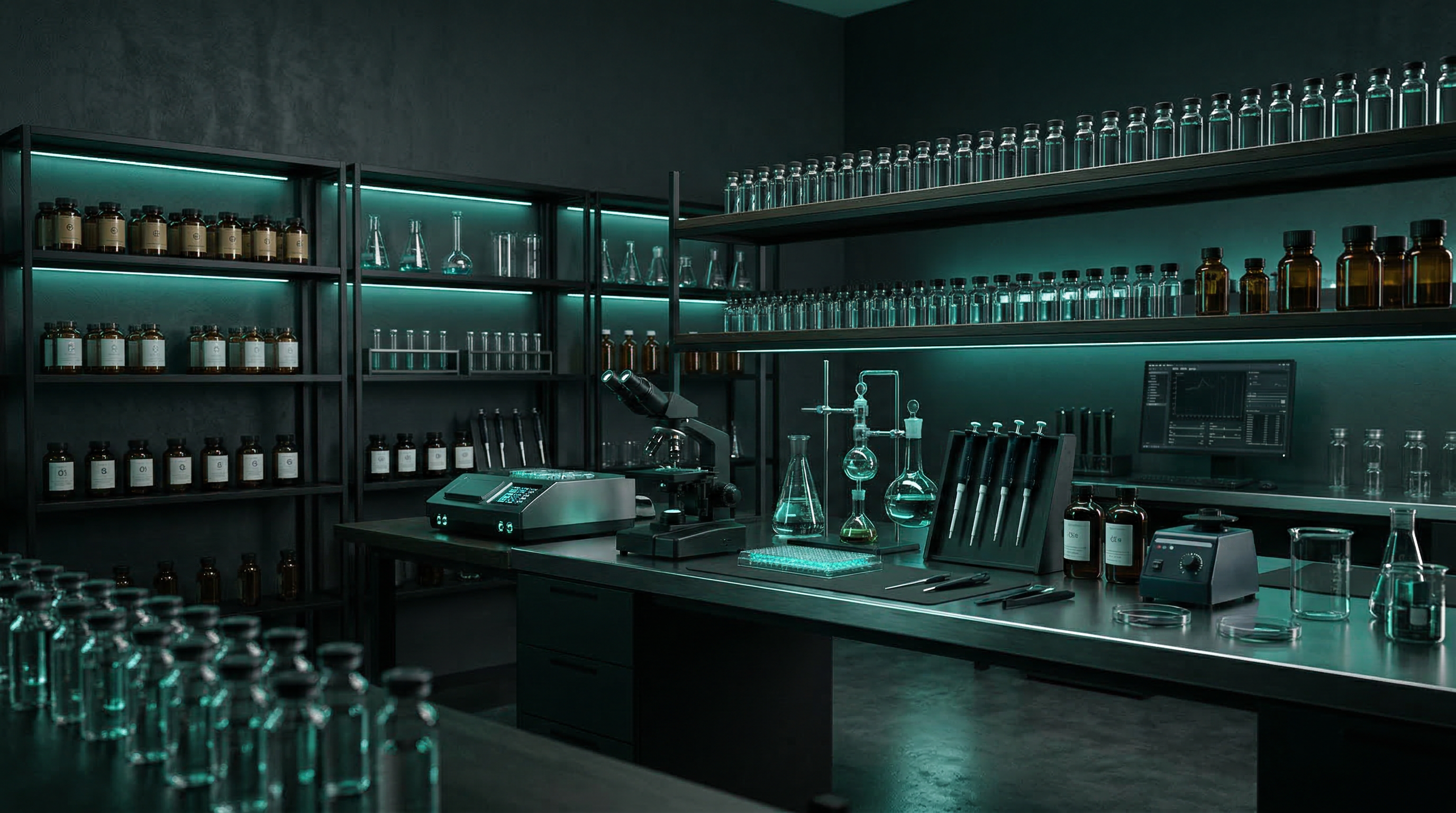 Premium pharmaceutical laboratory with teal lighting